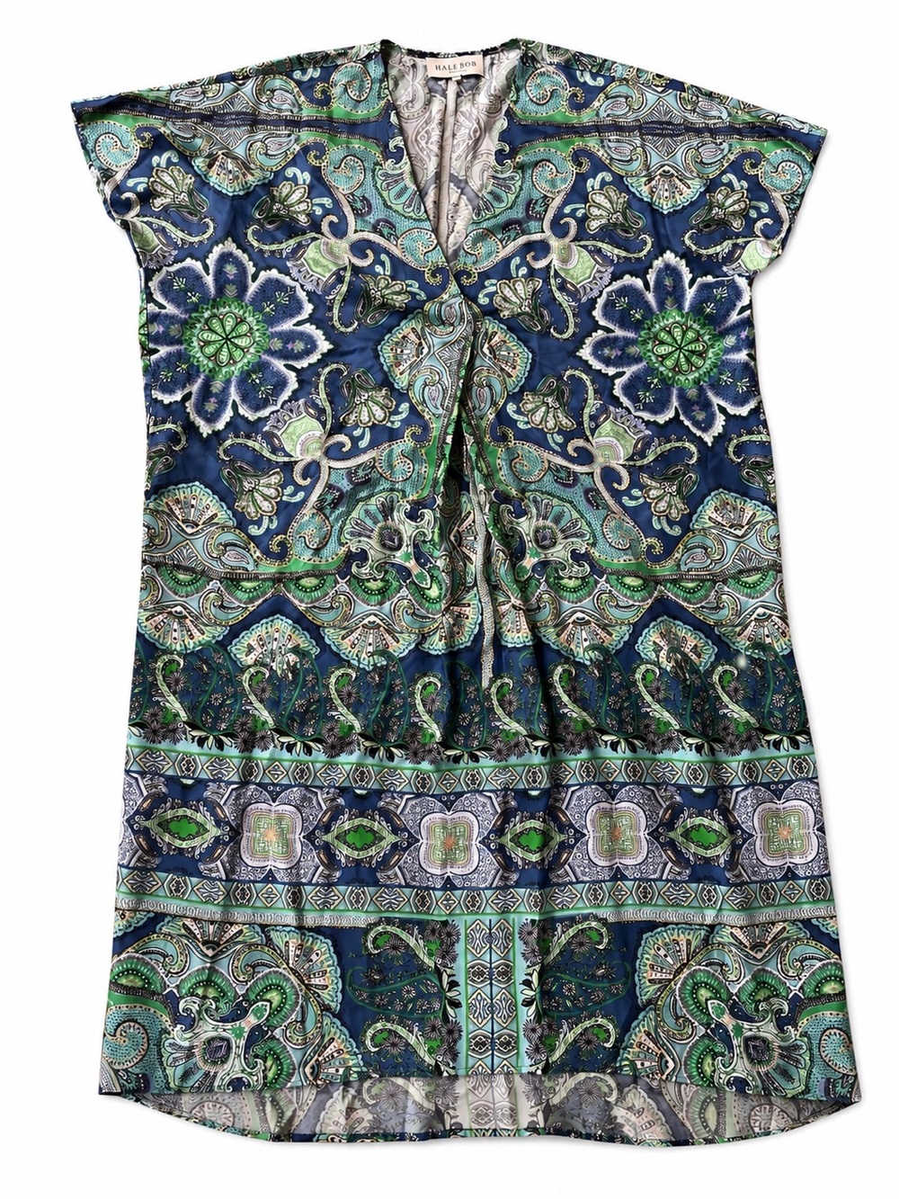 Hale Bob Silk Blend Paisley Tunic Mini Dress /Coverup Blue Green Boho Size Small